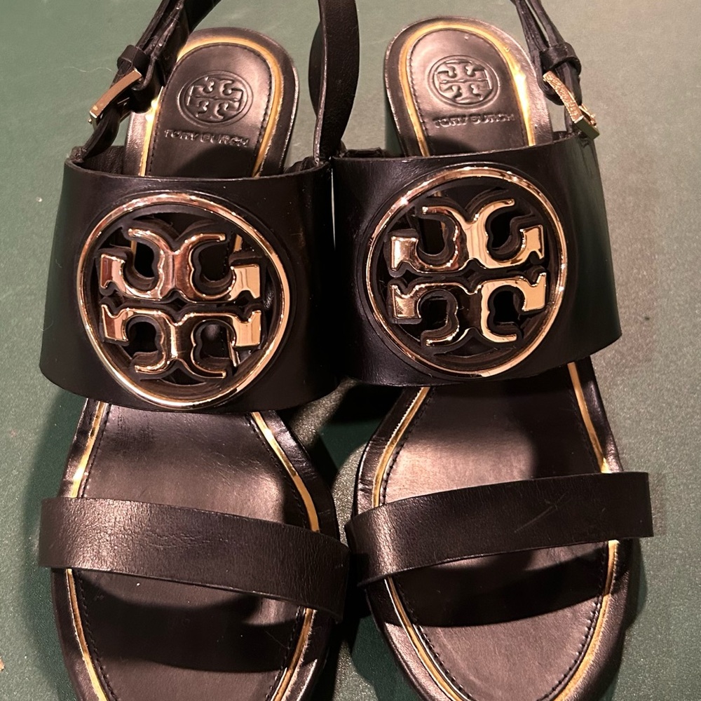 Tory Burch Black Sandals with Gold Emblem